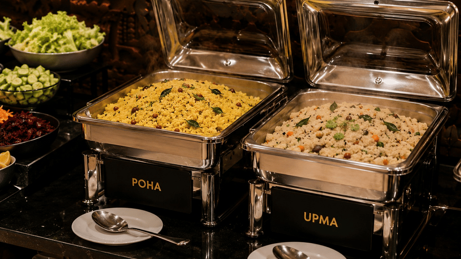 Buffet setup at Lime Tree Hotel & Banquet, Jaipur, featuring metal chafing dishes labeled Poha and Upma next to bowls of chopped salad.