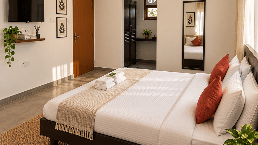 Mohan Chatti by Eastlynn Experiences bedroom with a white bed, red cushions, a wall mounted television, framed art, a mirror and a hanging plant nearby.