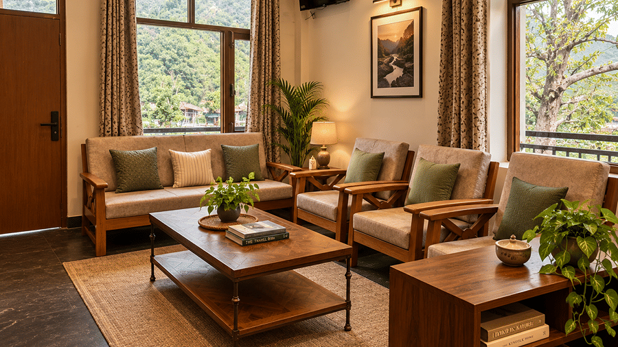 Mohan Chatti by Eastlynn Experiences lounge with two wooden sofa sets, cushions, a coffee table, framed art and a wall mounted television near a window.