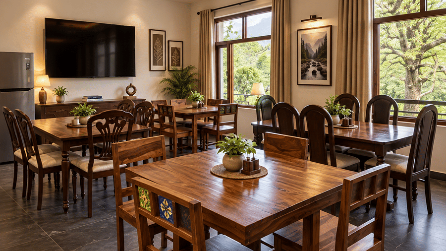 Mohan Chatti by Eastlynn Experiences dining hall with wooden tables and chairs, a wall mounted television, framed art and windows overlooking greenery.