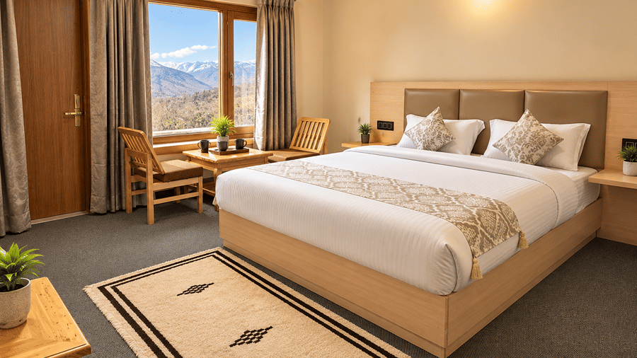 Hotel room with a queen-size bed and mountain view.