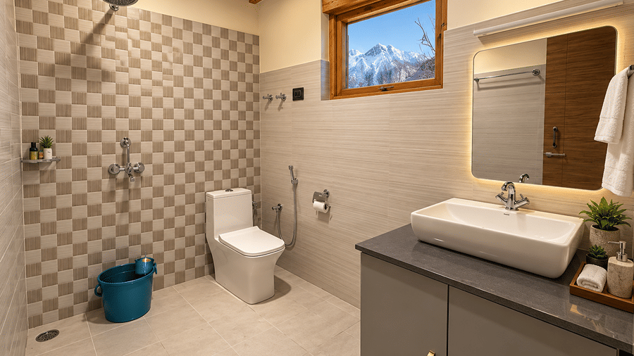 Bathroom with a walk-in shower, wall-mounted showerhead, washbasin, mirror and small window.