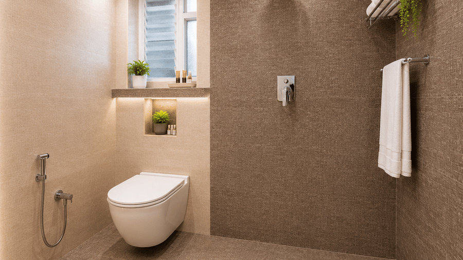 Modern bathroom at Urban Comforts featuring clean interiors, contemporary fittings, and essential amenities