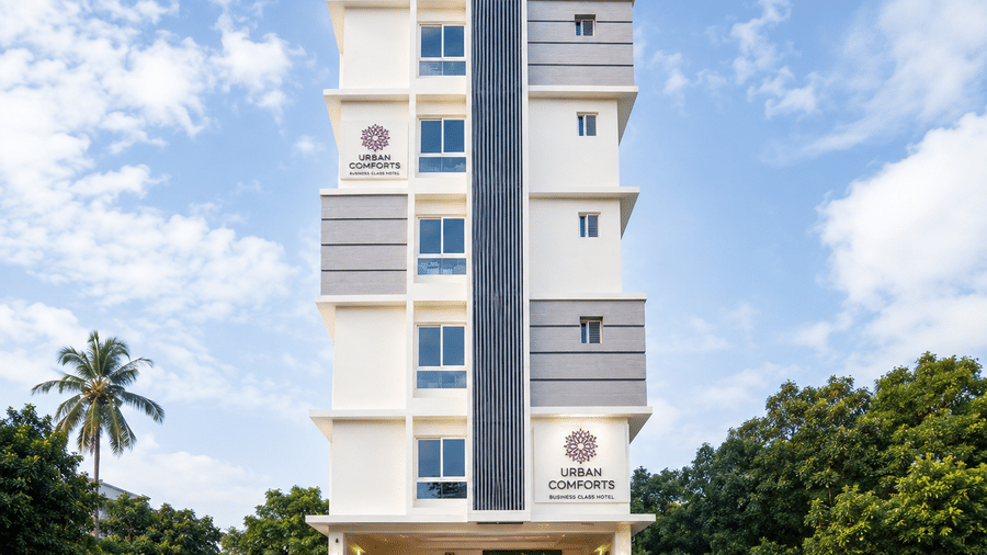 Exterior view of Urban Comforts showcasing contemporary architecture and a welcoming setting