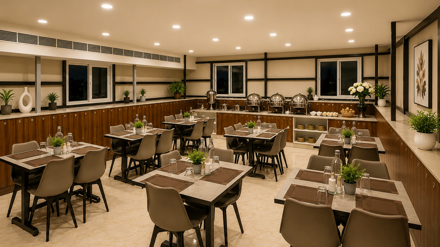 Spacious dining area at Urban Comforts featuring comfortable seating and a warm contemporary ambience