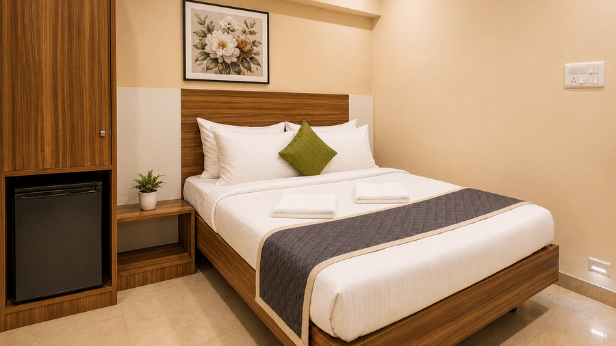 Comfortable guest room at Urban Comforts with refined interiors, modern comforts, and warm wooden accents