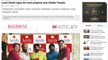 An article by BW Hotelier showcasing lords sigining 54 properties near Golden Temple.
