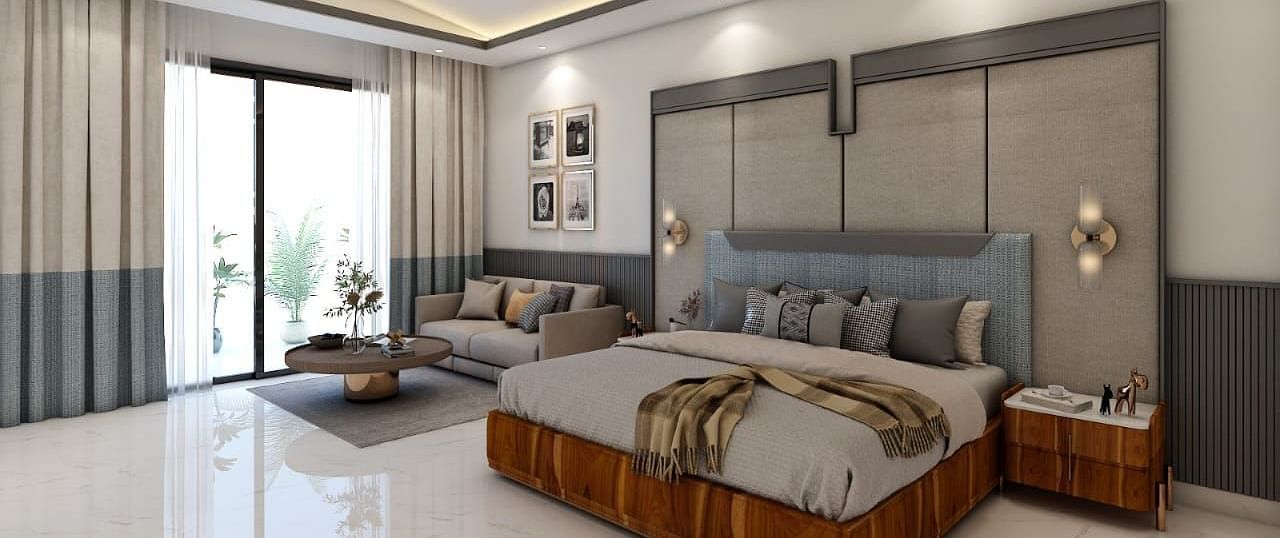 A beautiful room with ample of natural light coming from the huge french windows featuring a double bed in the room. - Namaste Corbett