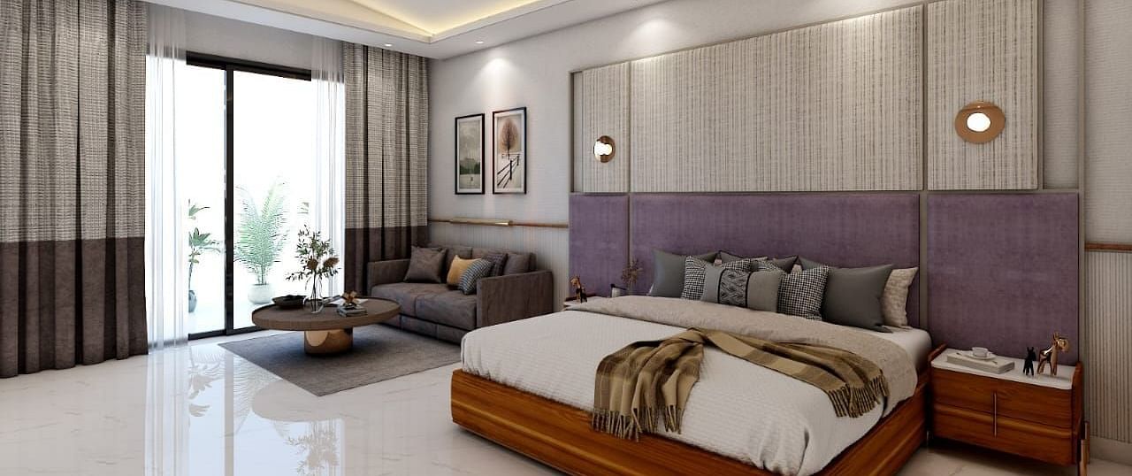 A beautiful room with ample of natural light coming from the huge french windows featuring a double bed in the room. - Namaste Corbett