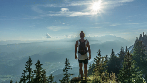 A person standing on a hilltop overlooking layered mountain ranges and trees under a bright sky.
