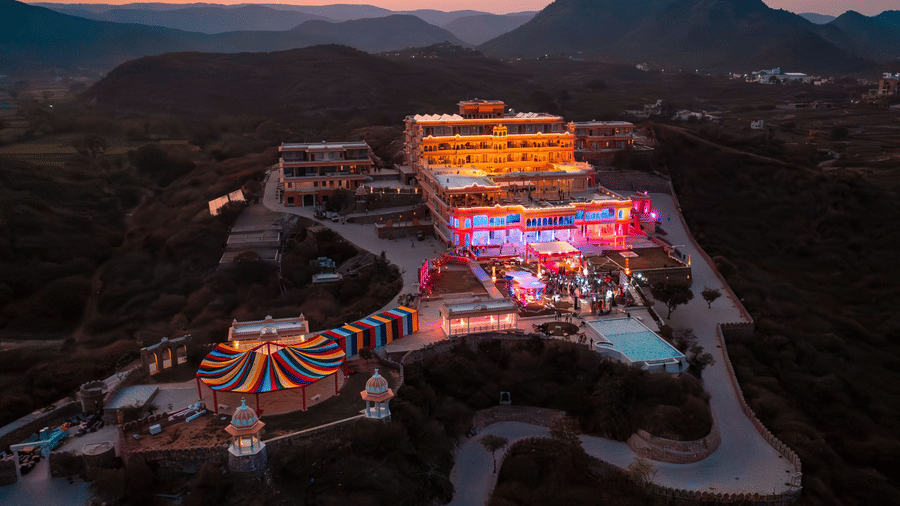 Aerial view of Fateh Vilas Resort and Restaurant in Udaipur at sunset at Fateh Vilas Collection Udaipur
