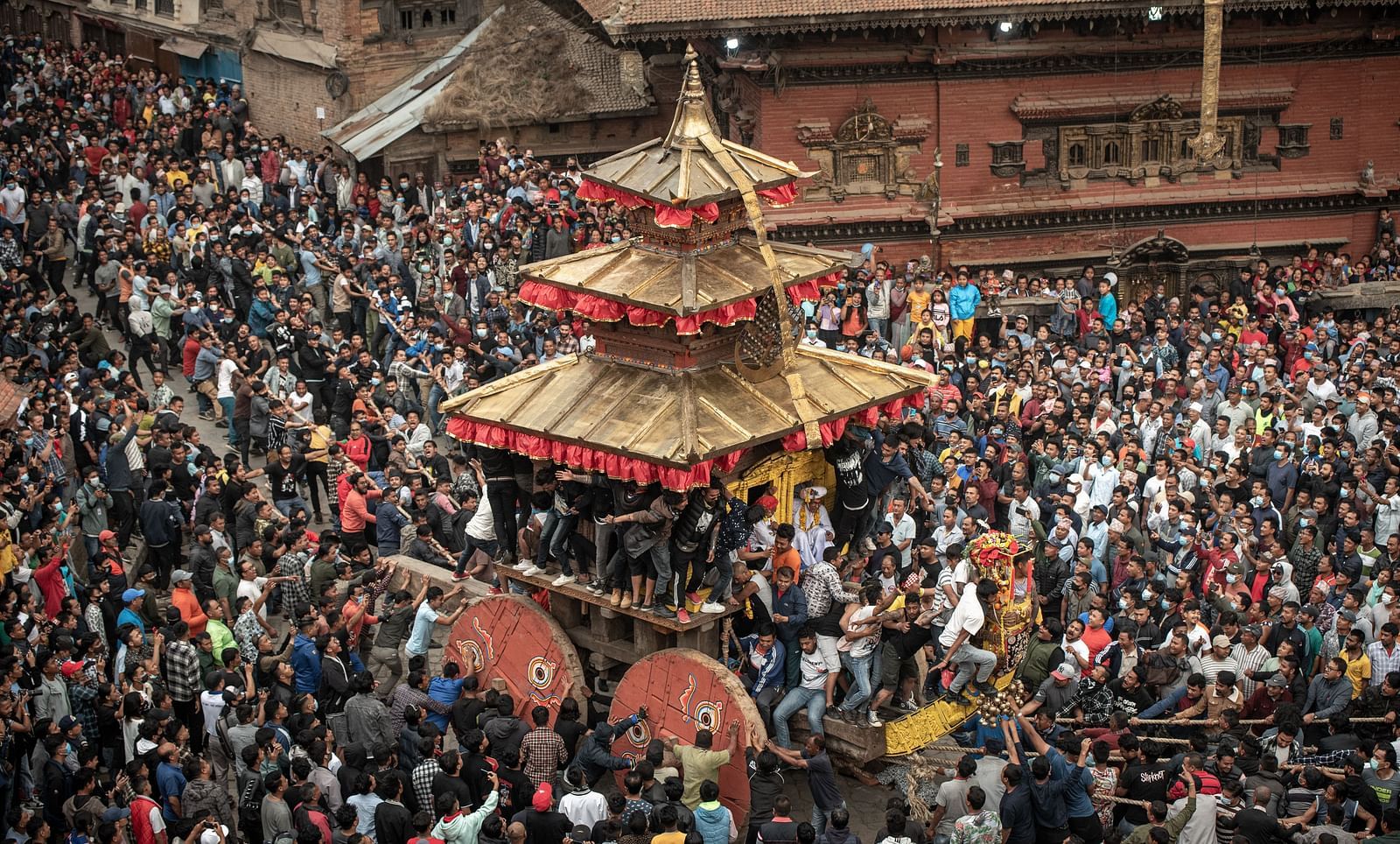 Chariot at the bisket jatra festival where a huge crowd has gathered to celebrate it