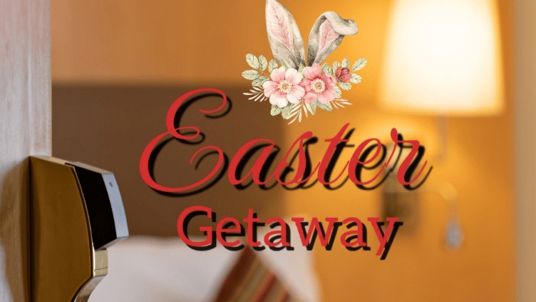 Ramada Easter Getaway poster promoting a special stay for two with brunch at the Palace Court, perfect for a festive celebration.