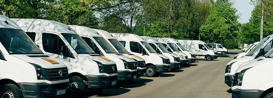 A row of white vehicles parked outdoors along a tree-lined road.