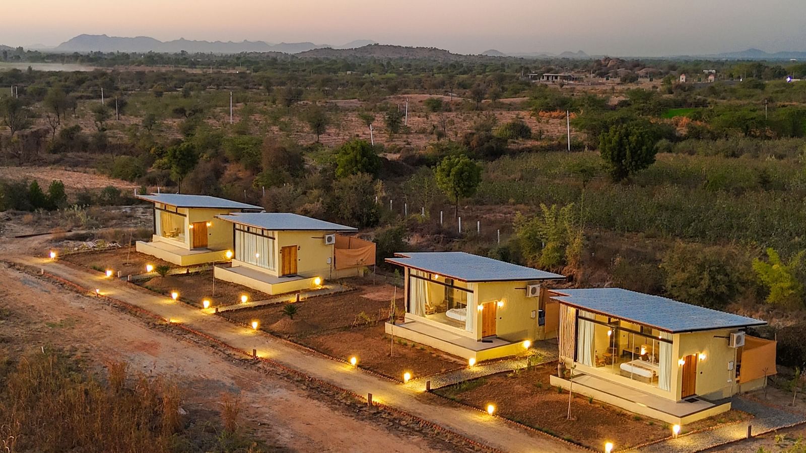 An aerial view image of Jungle Cottages at Kurja Jawai surrounded by some plants