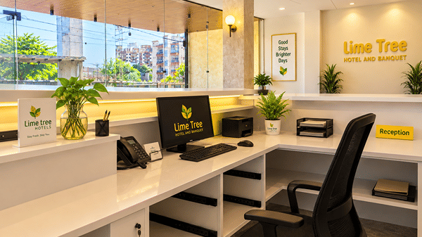 Reception work desk with a computer and Lime Tree branding.
