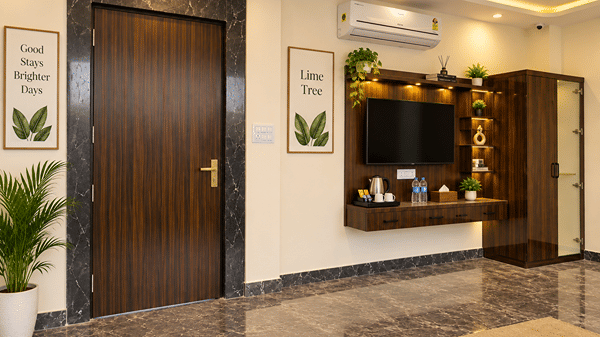 Room with a wooden door, leaf-print artwork and a wall-mounted TV.