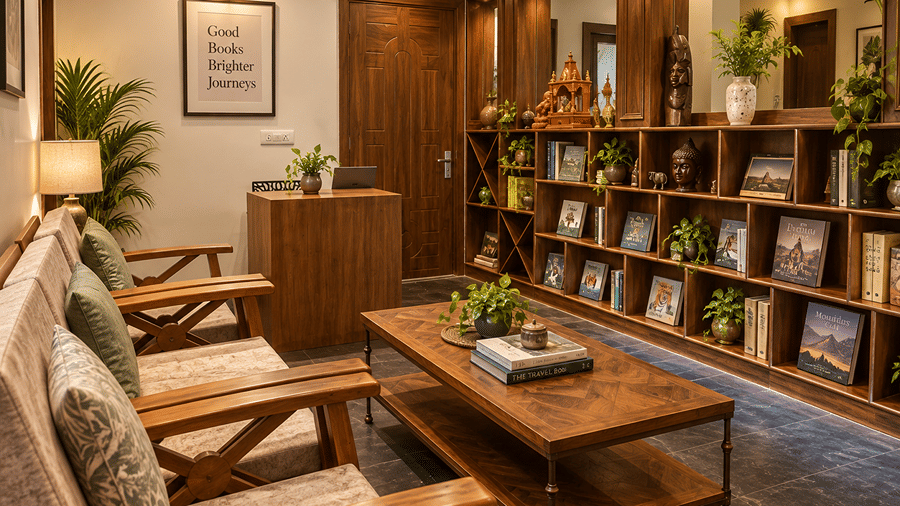 Mohan Chatti by Eastlynn Experiences reading corner with tall wooden bookshelves, a sofa, a coffee table and cushions near a window with natural light.