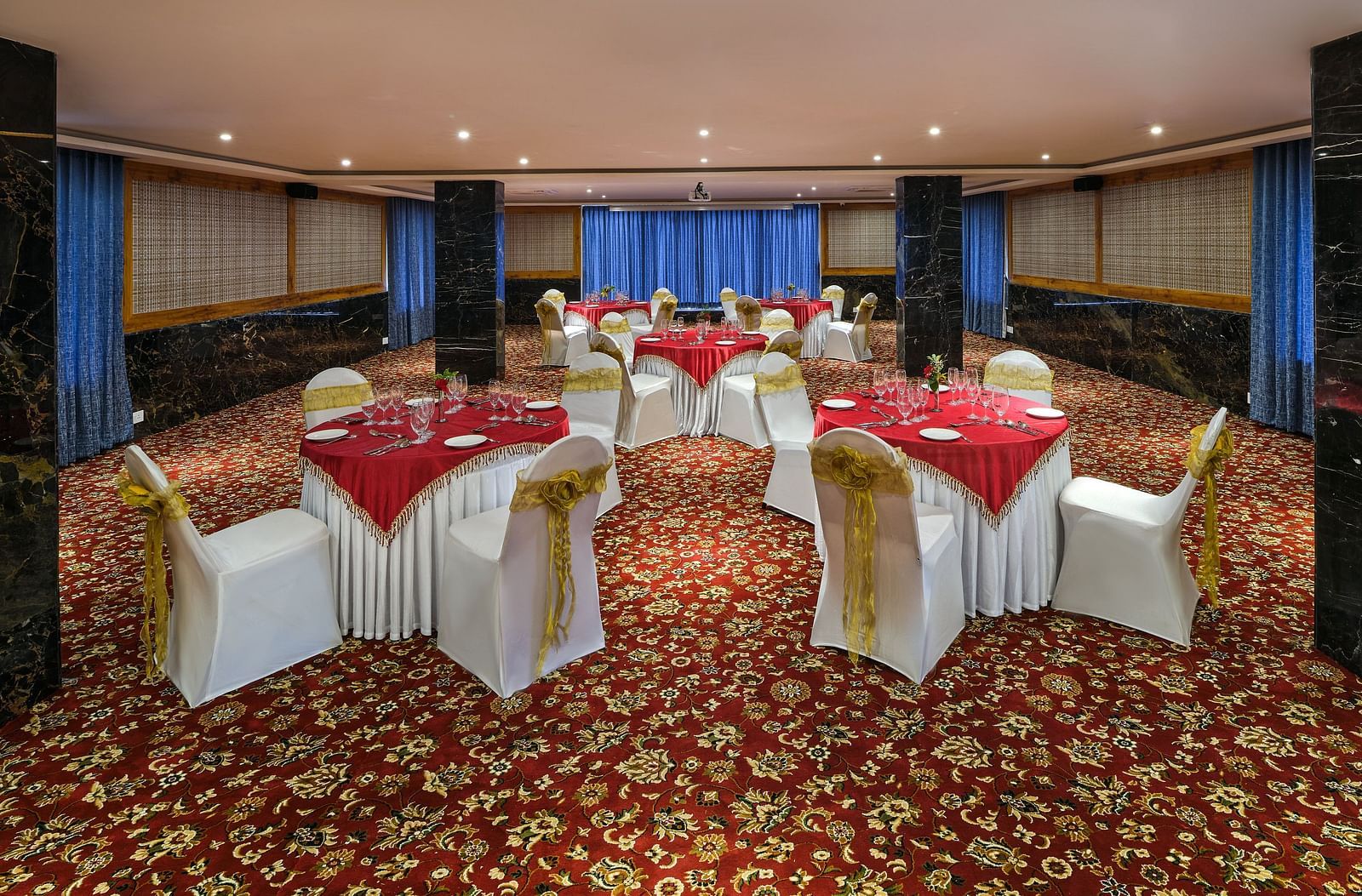 Seating arrangement in the Carnival banquet hall at Essentia Premier Hotel, Chennai