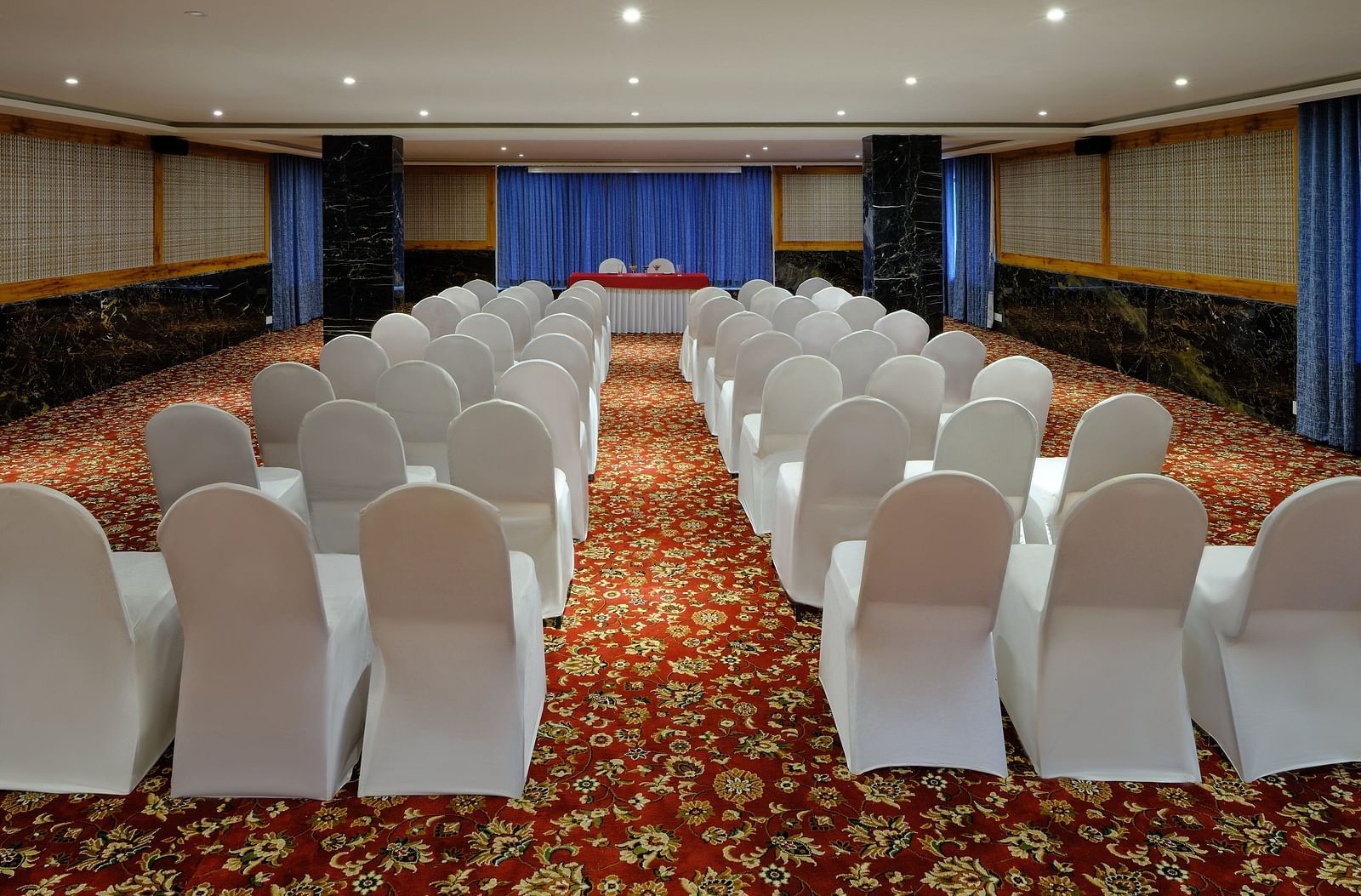 Seating arrangement in the Carnival banquet hall at Essentia Premier Hotel, Chennai.