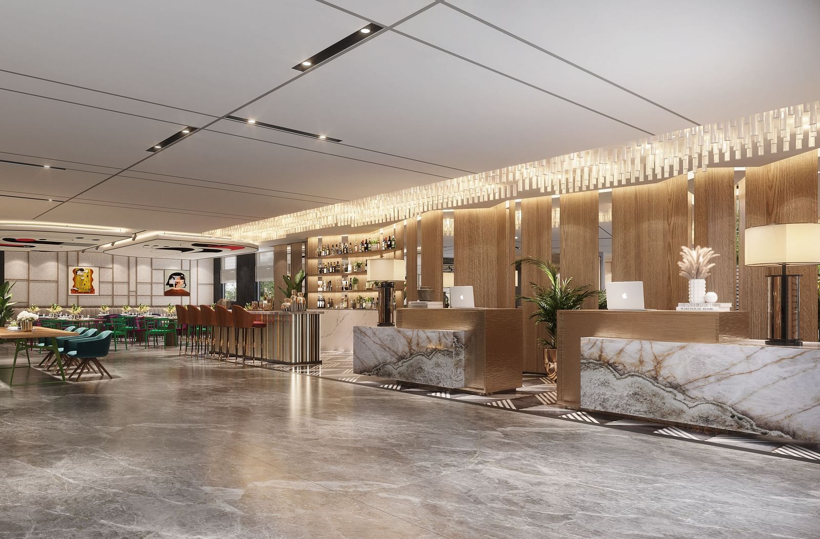 Interior view of a hotel lobby with a reception desk, seating area, and decorative lighting.