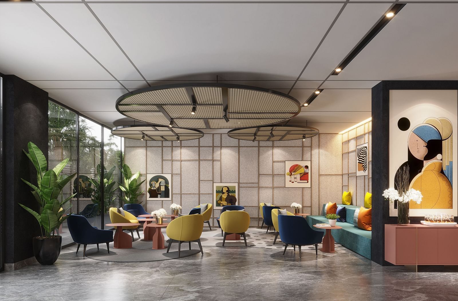 Wide angle shot of a modern lounge or waiting area with colourful armchairs, small tables, a decorative ceiling fixture, and artwork on the wall.