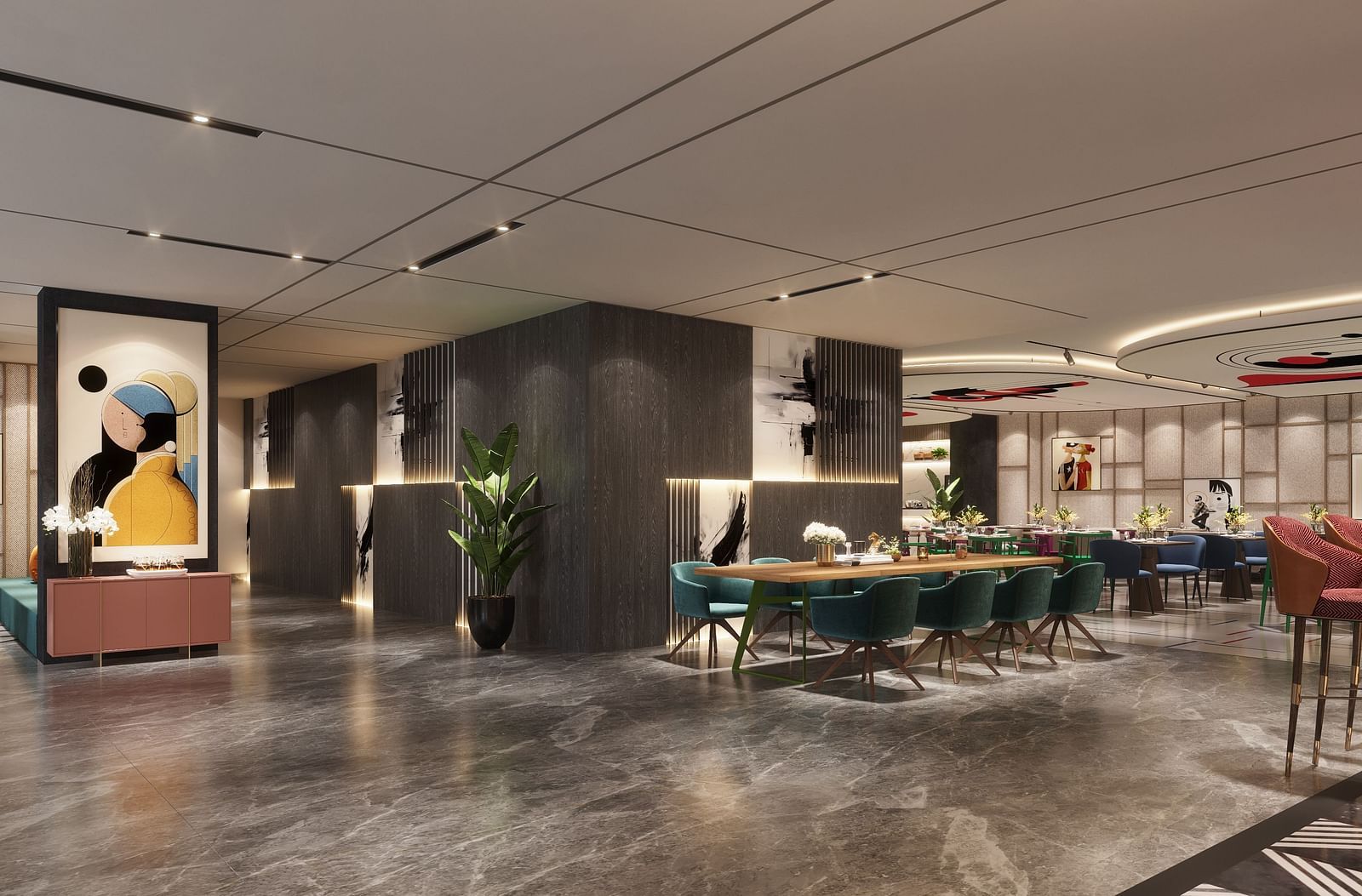 A interior view of a modern lounge or dining area with dark columns, teal chairs, and artwork on the wall.
