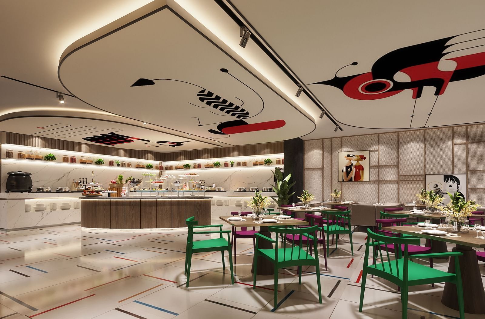 View of a dining area with green chairs, set tables, a buffet station, and a unique, painted ceiling design.