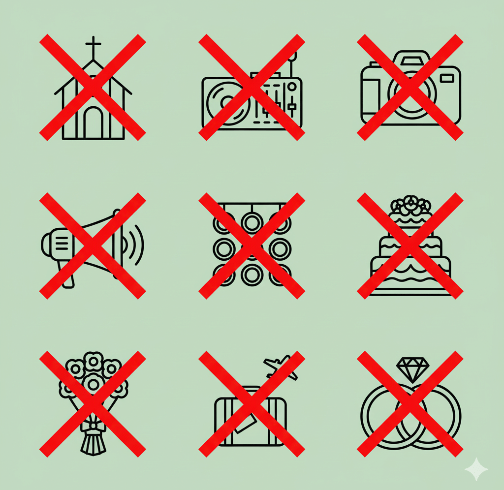 A grid of nine wedding-related icons, each crossed out with a red X, including church, DJ setup, camera, speaker, lights, cake, bouquet, suitcase, and rings.