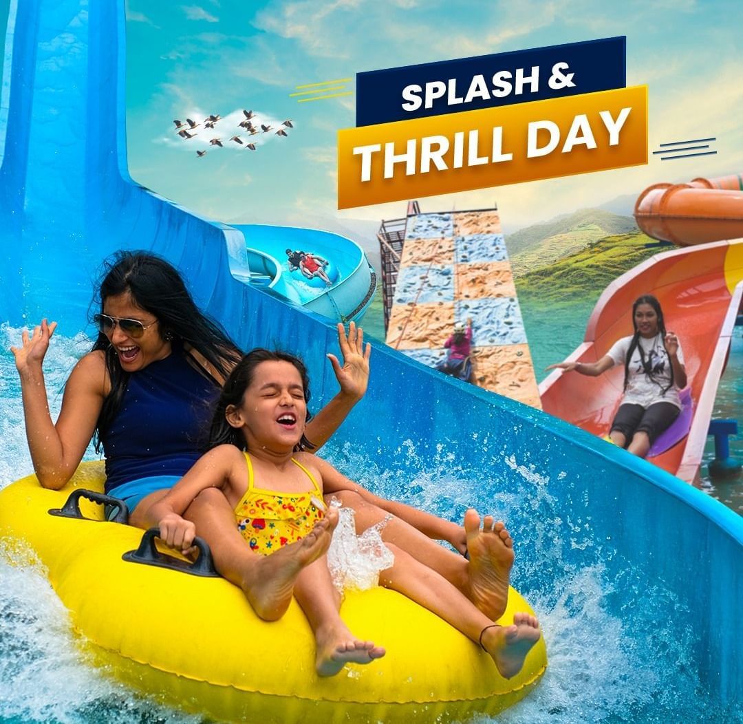 Splash and Thrill Offer featuring a mother and her child sliding down the water slider in Diamond Waterparks, Pune