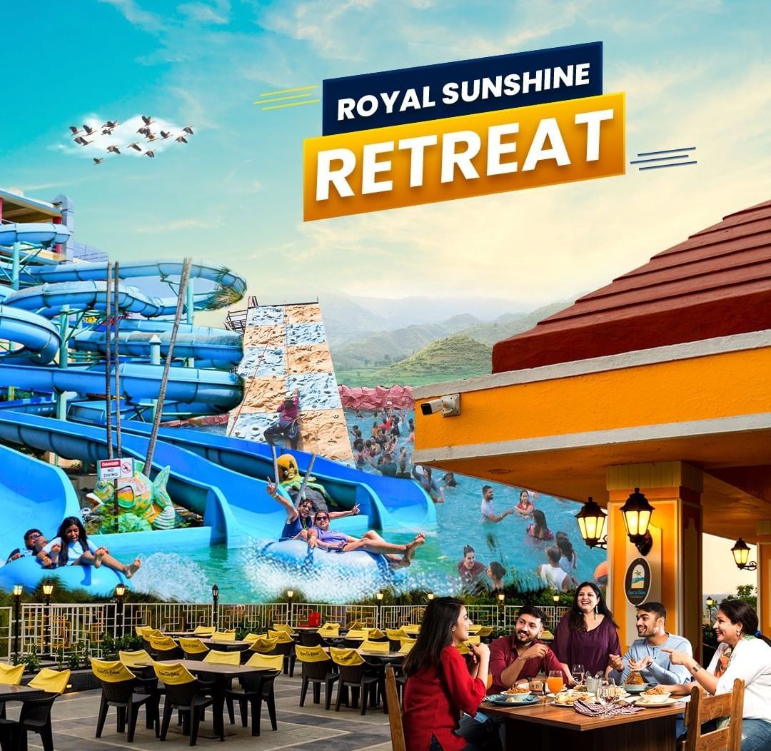 Royal Sunshine Retreat Package at Diamond Waterparks, Pune featuring a friend group sitting on a dinner table and at the background there is poster of waterpark.