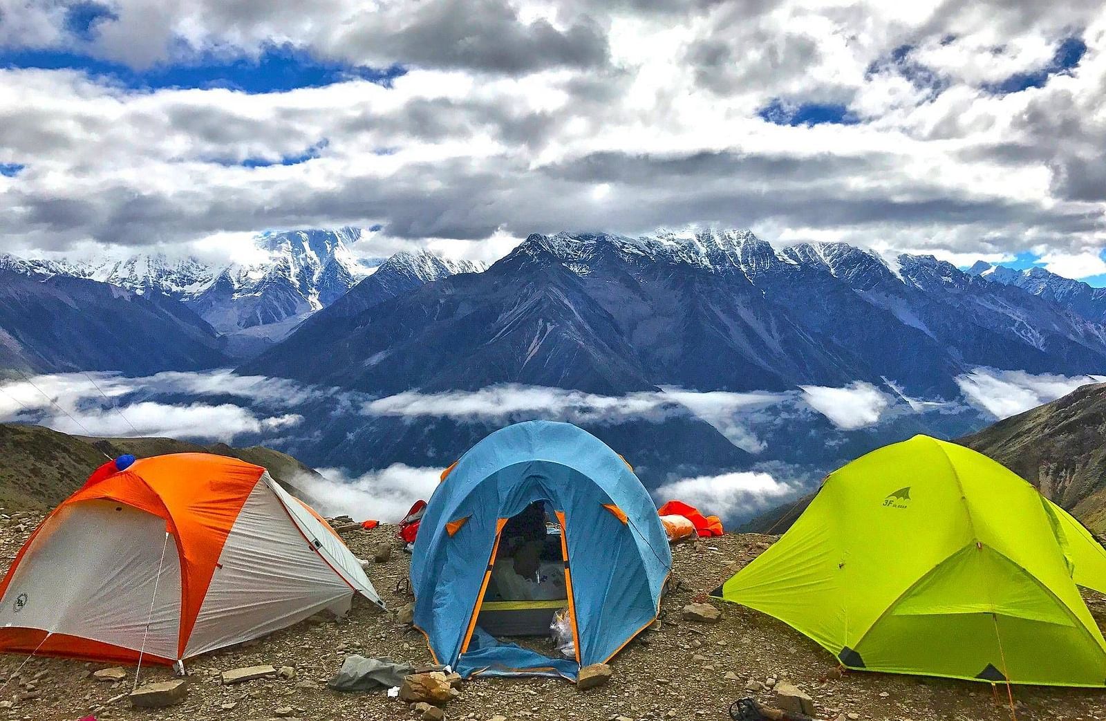 A camping tent pitched with a stunning mountain view near Summit Norling Resort & Spa, Gangtok