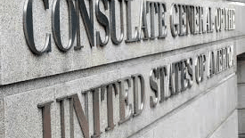 a close up shot of the signage of the US Consulate, Chennai