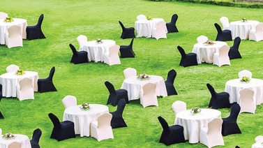 An image of the Martha Lawns at the Pride Elite Phaltan with its open seating amidst greenery