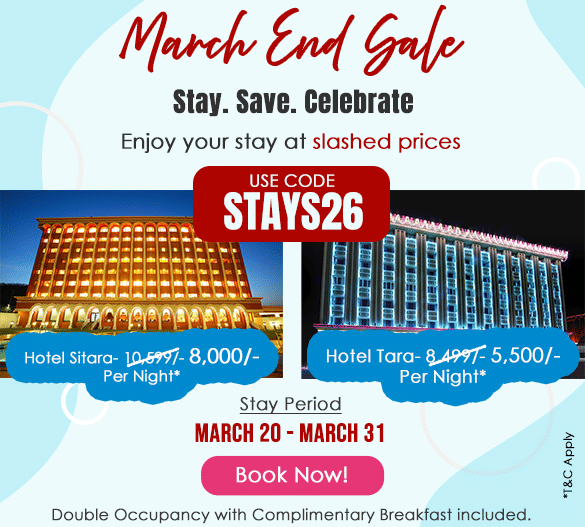Promotional banner for March End Gala hotel sale, featuring Tara Hotel at INR 5,500 per night and Hotel Sitara at INR 8,000 per night, valid March 20–31 with coupon code STAYS26.