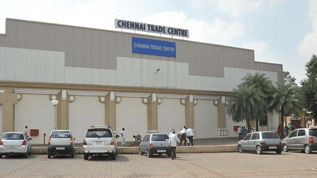 facade view of the Chennai Trade Centre near Hablis Hotel Chennai during an Upcoming Exhibitions in Chennai.