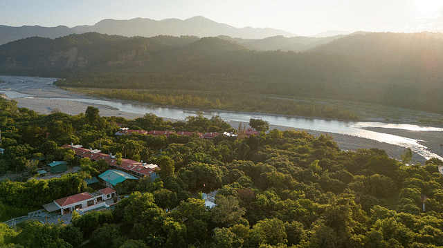 Scenic view of a river valley and mountains from the resort.