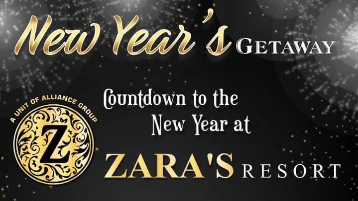 New Year’s Getaway event poster for Zara’s Resort featuring two day celebrations on 30 and 31 December with children’s activities, pool parties, dance night and all meals included.