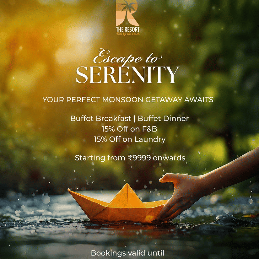 Monsoon package offer banner featuring a relaxing beachside stay with buffet meals, dining discounts, and laundry benefits starting at INR 9,999 onwards.