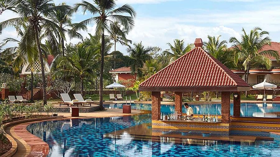 view of the swim up bar, the Island Bar at Caravela Beach Resort, Goa