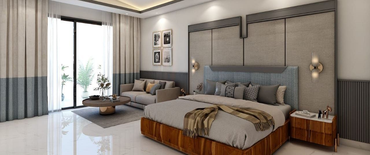 A beautiful room with ample of natural light coming from the huge french windows featuring a double bed in the room. - Namaste Corbett