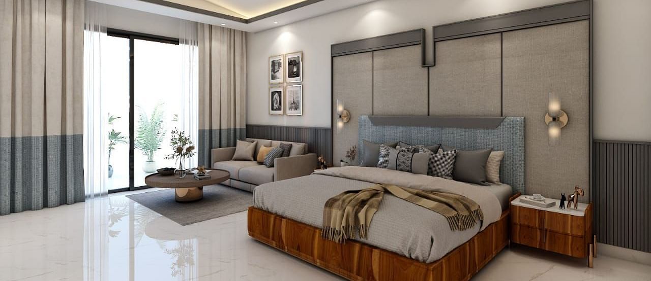 A beautiful room with ample of natural light coming from the huge french windows featuring a double bed in the room. - Namaste Corbett