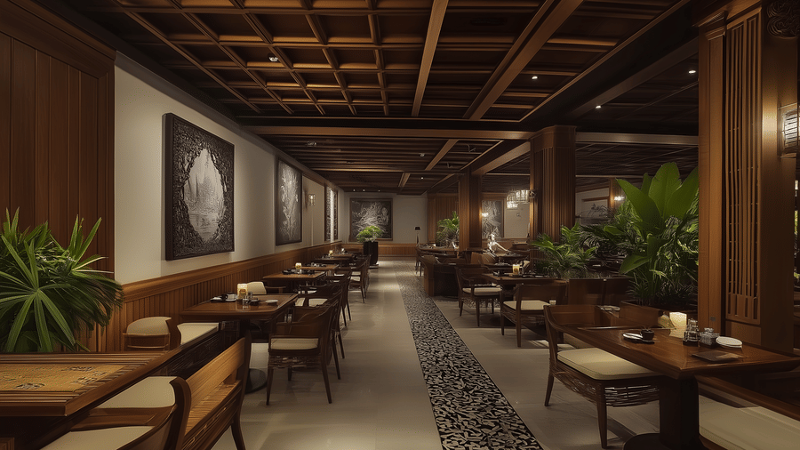 A basement with wooden ceiling, neatly aligned tables with seating chairs and spacious walkways that feature potted plants.