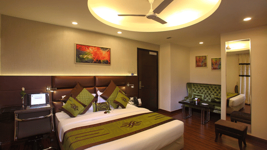 The Club Room at JRD Exortica with a double bed, wooden flooring, a ceiling fan, and modern furnishing.