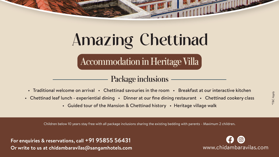 A promotional poster for Chidambara Vilas featuring an elevated view of the heritage property with tiled roofs and central courtyard, titled Amazing Chettinad with inclusions and offer details.