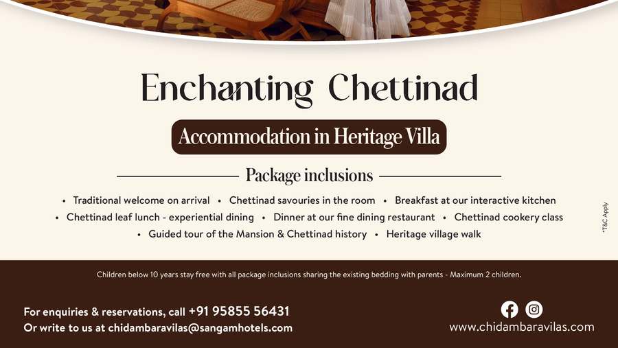 A promotional poster for Chidambara Vilas displaying an interior room with wooden furniture and traditional decor, titled Enchanting Chettinad with inclusions and offer details.