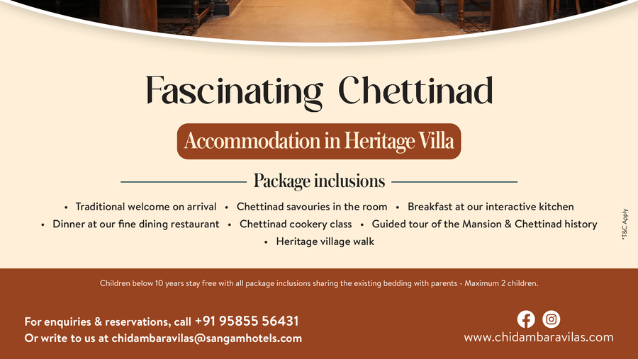 A promotional poster for Chidambara Vilas showcasing a heritage corridor with wooden pillars and carved details, titled Fascinating Chettinad with inclusions and offer details.