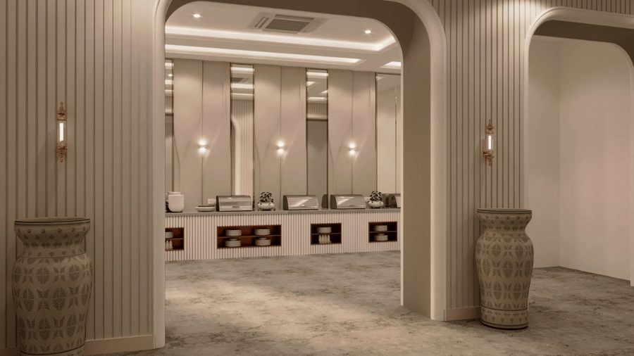 An empty hall with arched doorways, fluted wall panels, and two large decorative urns