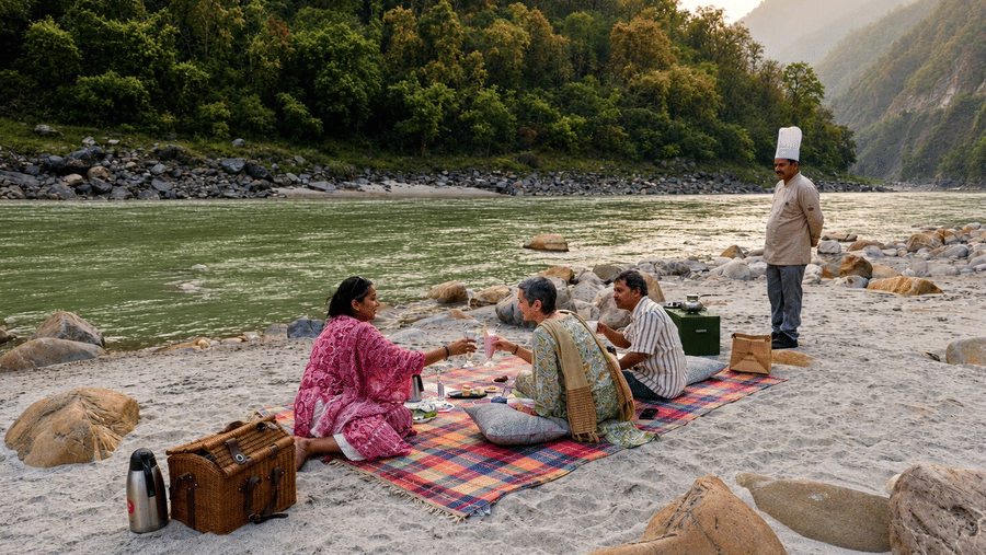 A chef standing by as guests enjoy a beach picnic beside the river at Neemrana's Glasshouse on The Ganges - 21st Century, Rishikesh.