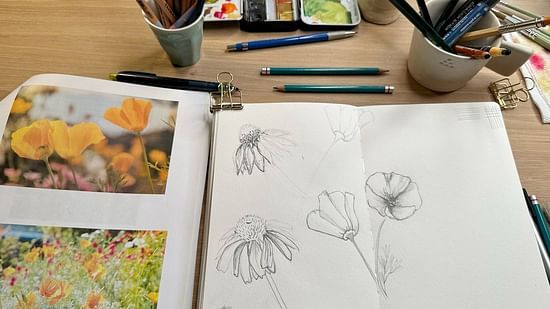 An artist’s desk with a sketchbook showing drawings of flowers, accompanied by pencils, paintbrushes, and inspiration photos, capturing the essence of botanical art.